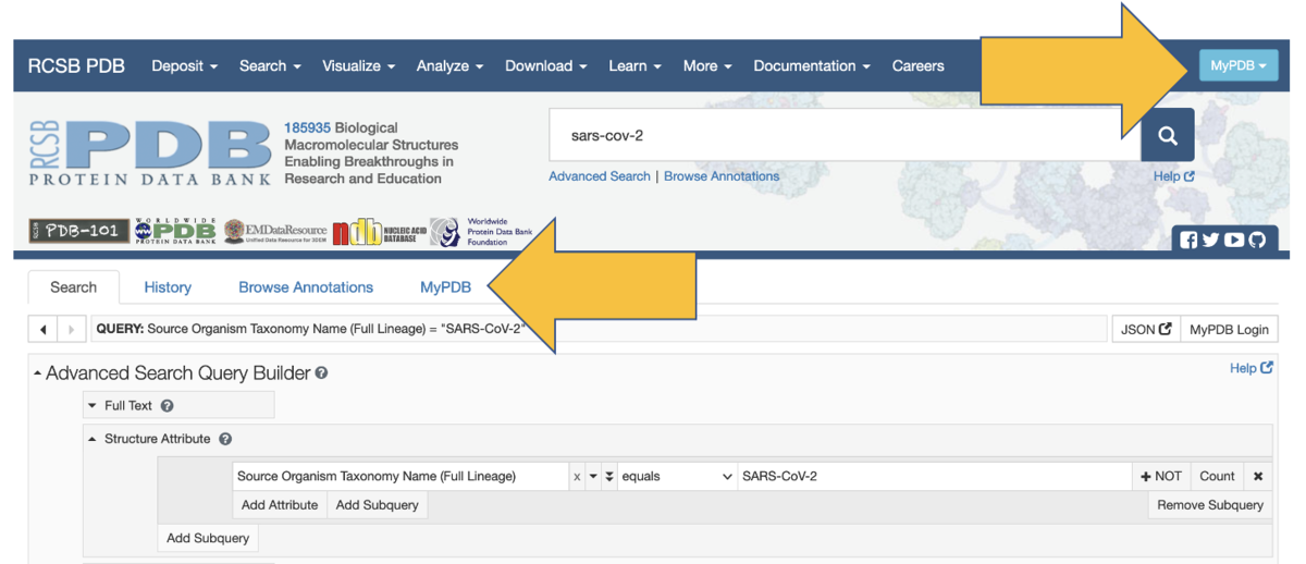 MyPDB can be accessed from either the turquoise MyPDB button at the upper right corner of any RCSB.org page, or from the "MyPDB" tab that appears with the Advanced Search Query Builder.