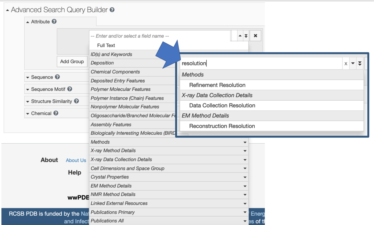 Entering the word <I>resolution</I> highlights the related attributes that can be searched.